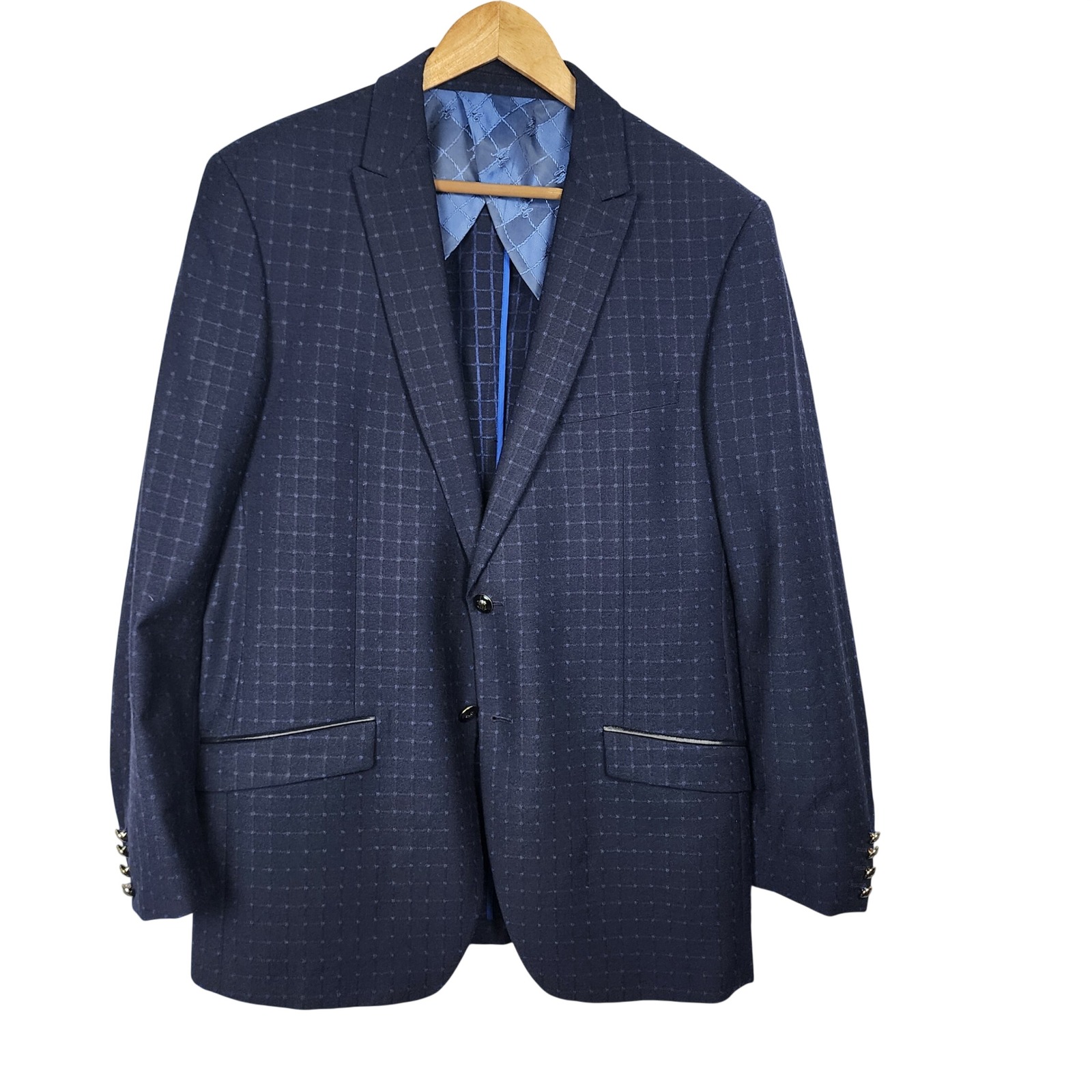 Menticano Zignone Wool Sport Coat Mens 42r Navy Blue Windowpane Blazer Casual